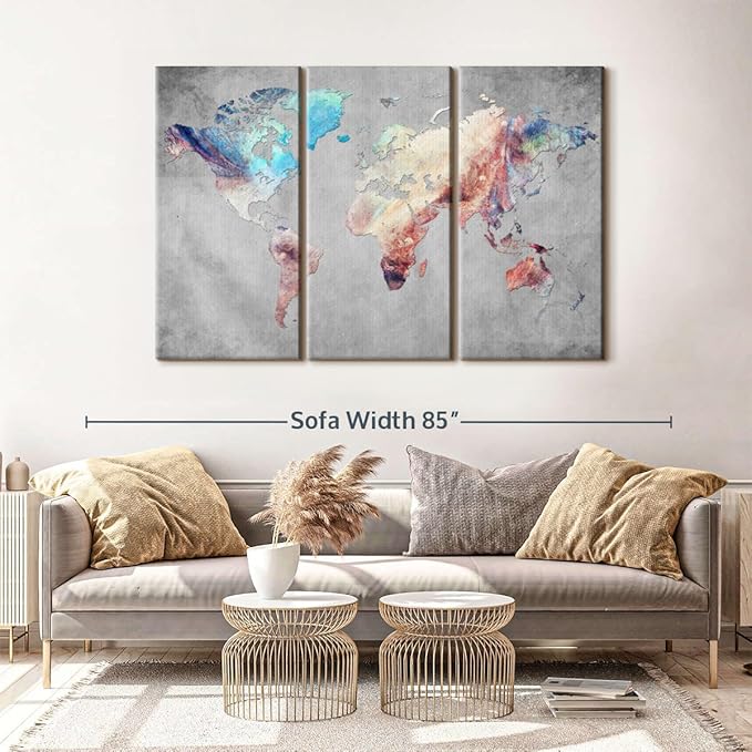 ElephantStock Artistic Touch World Map Multi Piece Canvas - 3 Panel Wall Decor - Map of the World Art - Canvas for the Office and Home - 65" X 42"