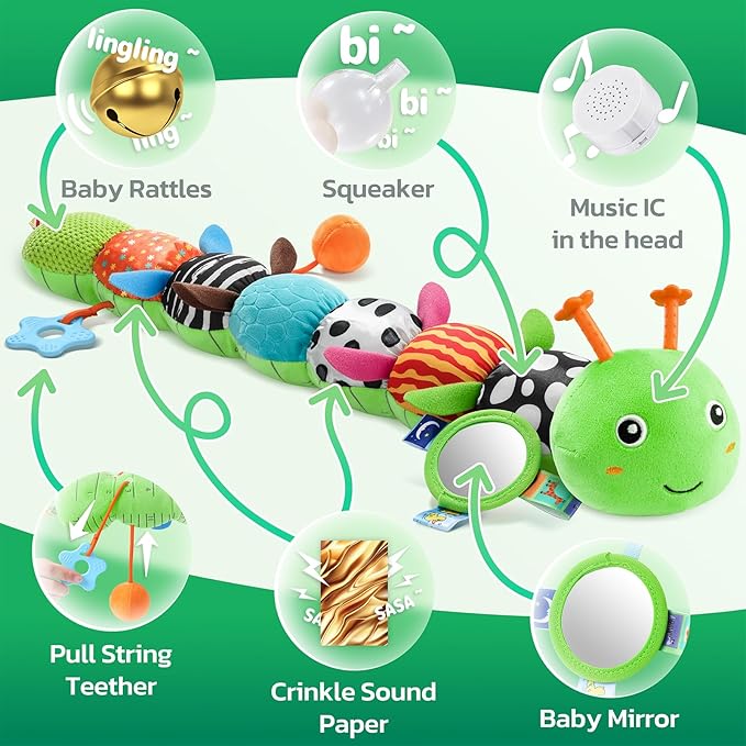 HEMRLY Baby Toys for 0-6 Months, Musical Plush Caterpillar Infant Sensory Toy with Baby Mirror&Crinkle Rattle,Pull String,Teething Toys, Tummy Time Newborn Gifts for 0-3-6-12 Boys Girls - Green Leaf