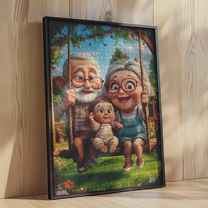 Happy Grandparents with Baby On Swing 1000 Piece Jigsaw Puzzle for Adults Students Garden with Wooden House Bright Colorful Art 20×27 Inches Relaxing Fun Puzzles for Brain Exercise and Home Decor