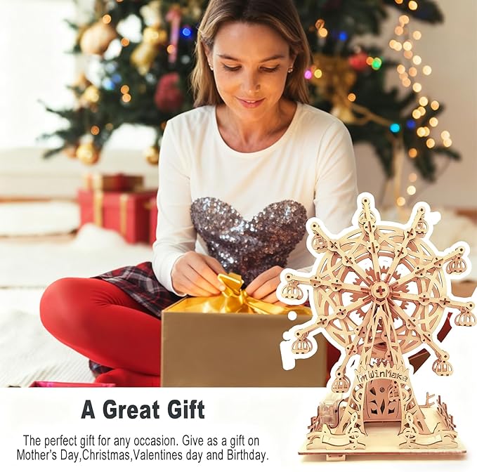 Solar 3D Wooden Puzzle Ferris Wheel DIY Model Kit Craft Sets Wood Mechanical Building Toys for Adult Men Age 14+ Years Old.