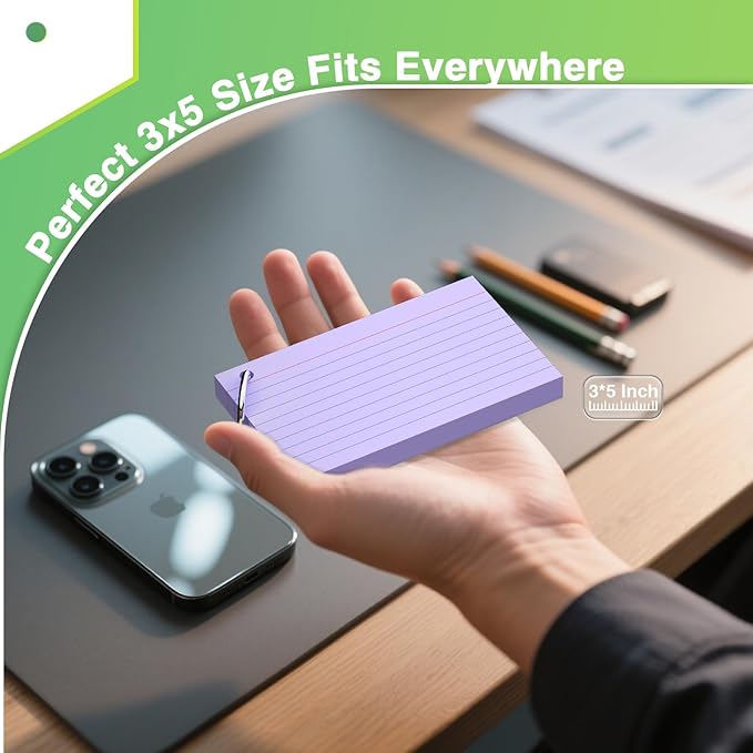250 Count Purple Index Cards with Ring 3 x 5 Inch Heavyweight Ruled Index Cards, Flash Cards for School & Office Supplies and Home Organization, Durable Study To Do List Note Cards with Ruled Lines