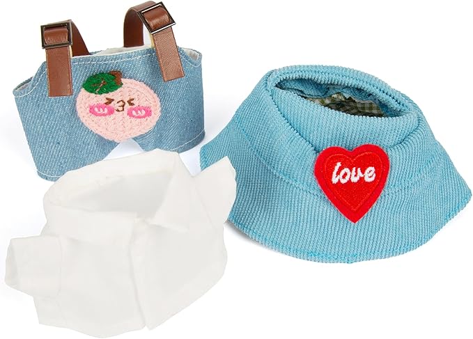 17cm Doll Outfits for Labubu - Kawaii Chic Style Set for 17cm Dolls, Cute Doll Clothes with Accessories - White Shirt + Pink Peach Blue Romper + Heart Shaped Blue Hat (Clothes Only)