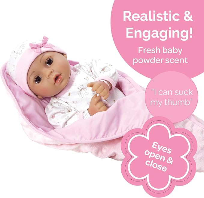 Adora 16 Inch Girl Baby Doll with Accessories Teal Matching 9-Piece Set Including a Pacifier, Hospital, Bracelet, Diaper, and More Gift for Toddlers Ages 3+ Adoption Babies Collection - Precious