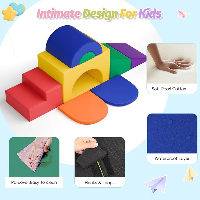 MU ‌Soft Climbing Toys for Toddlers, 7-Piece Baby Soft Foam Climbing Blocks, PU Leather Gym Climb and Crawl Activity Play Set, Indoor Climbing Toys for Kids and Children, Classic
