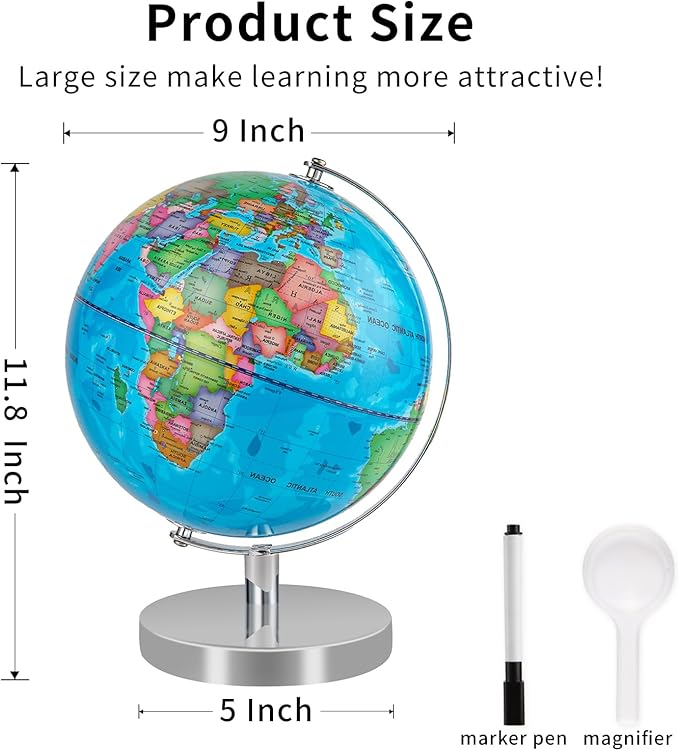 9'' Globe for Children World Globe with Stand Rewritable Easy-Read High Clear Map Earth Globes for Adults, Educational Interactive Globes for Kids Learning STEM Toy Present for 3+ Years Old