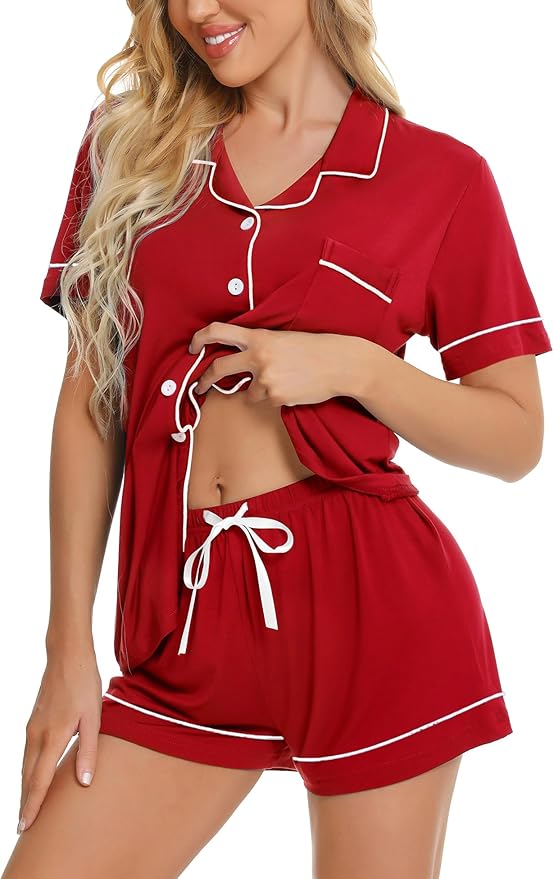 SWOMOG Womens Button Down Pajamas Set Short Sleeve Sleepwear Bride Soft Pj Lounge Sets XS-3XL