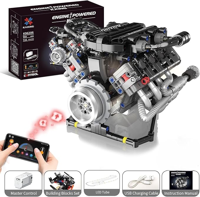 SVJ Sports Car Engine Building Blocks Kit,V8 Engine Model That Work Toy,with Motor, LED Light & APP Control for 6+ Years Kids Adults (715 Pieces)