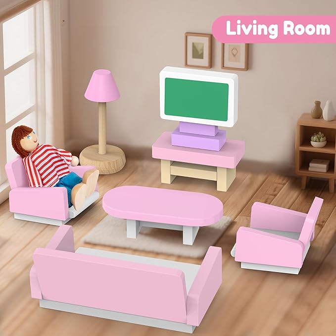 26pcs Wooden Dollhouse Furniture Set with 4 Family Dolls, Pink Dollhouse Accessories for 4 Rooms, Pretend Play Furniture Toy, Birthday Gift for Girls Boys Age 3 4 5 6 Years Old