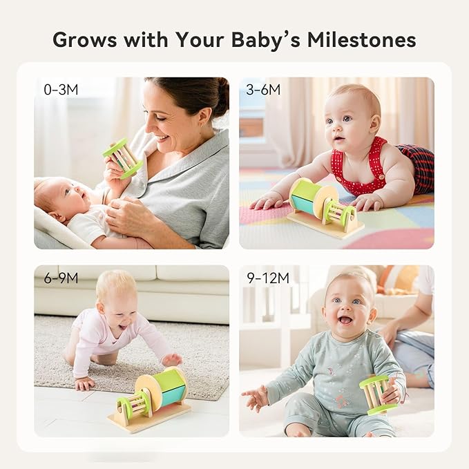 2-in-1 Montessori Baby Toys | Wooden Spinning Drum & Rolling Rattle Combo for 3 6 12 Months | Sensory Development Toys with Mirror, Bells & Tummy Time Play | ASTM Certified Gift (Girl/Boy)