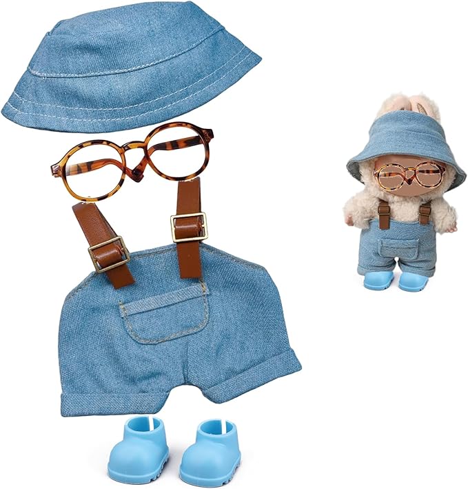 Clothes Set for Labubu 17cm Doll(NO Doll) , Handcrafted Crochet Set Hat & Jumpsuit, Stylish Premium for Labubu Outfit with Accessories, Cute for Dress up Unique Style