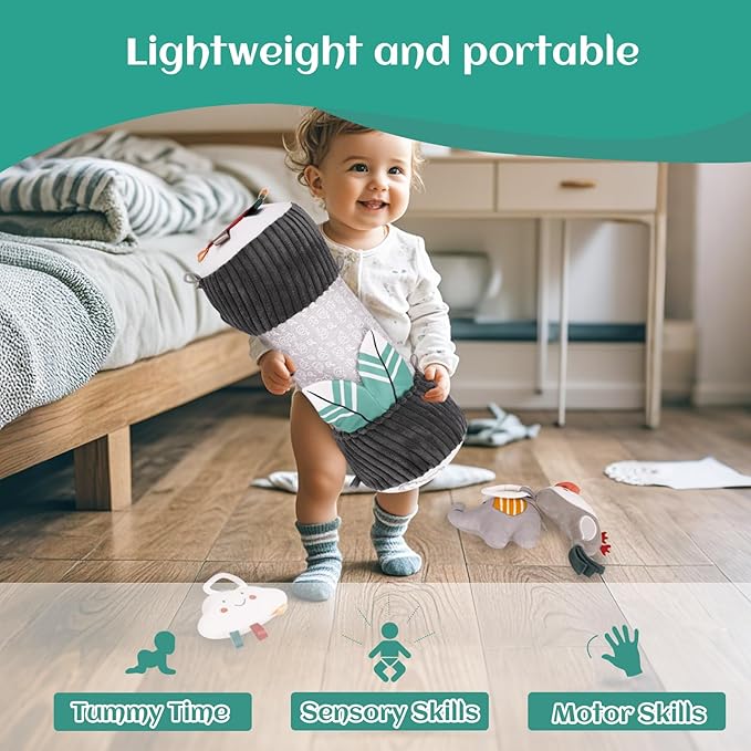 Inflatable Baby Tummy Time Toys Pillow for Newborn, Montessori Baby Sensory Toys Roller with Detachable Mirror, Squeaker, Teether & Rattle, Help with Early Development 3-6 Months(Elephant)