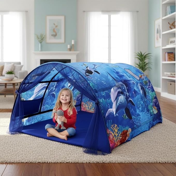 Ocean Bed Tent for Kids Large Kids Twin Tent Toddler Play Bed with Carry Bag Foldable for Girls Boys Bedroom Indoor Games