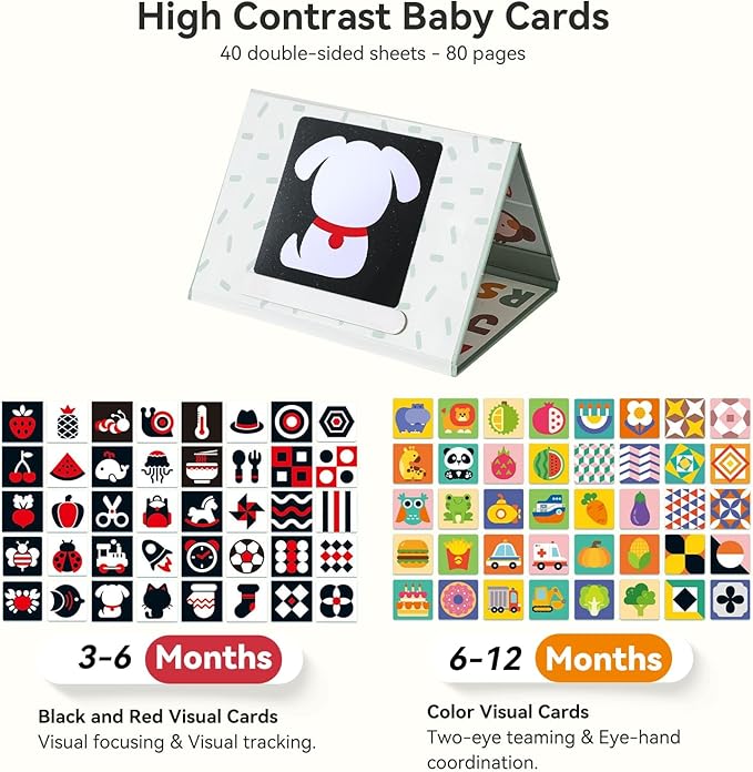 Foldable Tummy Time Play Set (Sturdy Cardboard), Large Baby Safe Mirror and Card Display Stand with 80 Pages High Contrast Cards, Alphabet and Animal Cognition