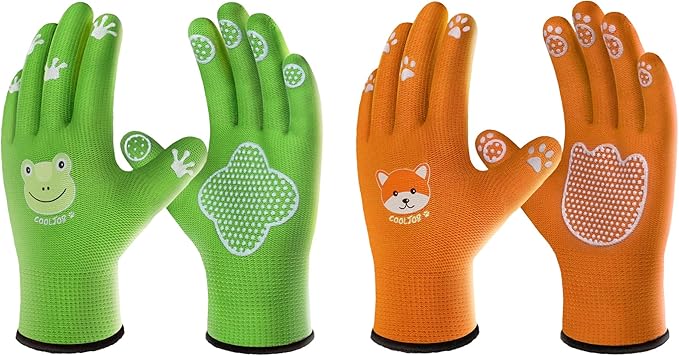 COOLJOB Breathable Toddler Work Gloves for Gardening Boy Girl Ages 4-6 Medium, Nylon Kids Garden Gloves with Grip, Children Yard Gloves for Digging Weeding Landscaping, Green & Orange, 2 Pairs