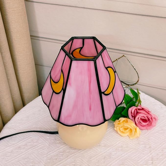 Mushroom Lamp Tiffany Stained Glass Moon lamp Cute Small Bedside Table Lamps for Living Room Home Decor,Girls Women Birthday Christmas Thanksgiving Day Gift,Pink