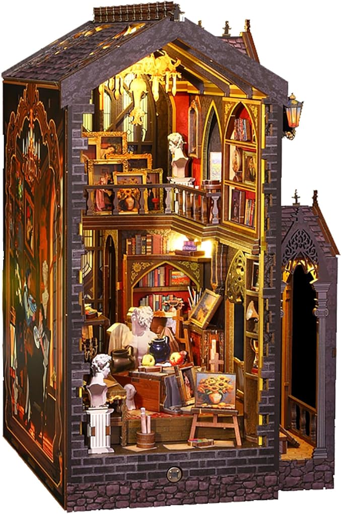 DIY Book Nook Kit - DIY Miniature Dolls House Kit with Furniture and LED Light, 3D Puzzle Wooden Art Bookends, Model Kits for Adults to Build (Wonderful Studio)