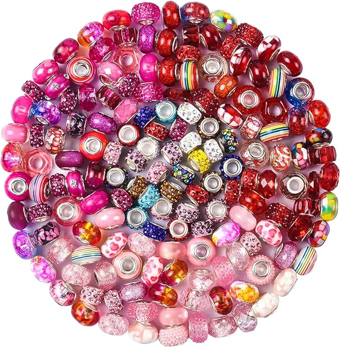 Aipridy Assortment European Large Hole Beads Spacer Beads Rhinestone Craft Beads for DIY Charms Bracelet Jewelry Making (Rose-Red-Rose red)