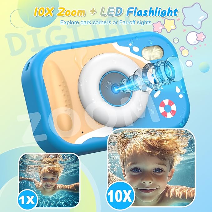 Kids Camera Waterproof IP68, 1080P HD Underwater Camera for Kids Ages 3-12 with Toy-Grade ABS Plastic, Kids Digital Camera for Children Outdoor Swimming Snorkeling Birthday Gift, Blue