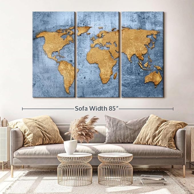 ElephantStock Azure World Map Wall Art Multi Piece Canvas - 3 Panel Wall Decor - Map of the World Art - Canvas for the Office and Home - 74" X 48"