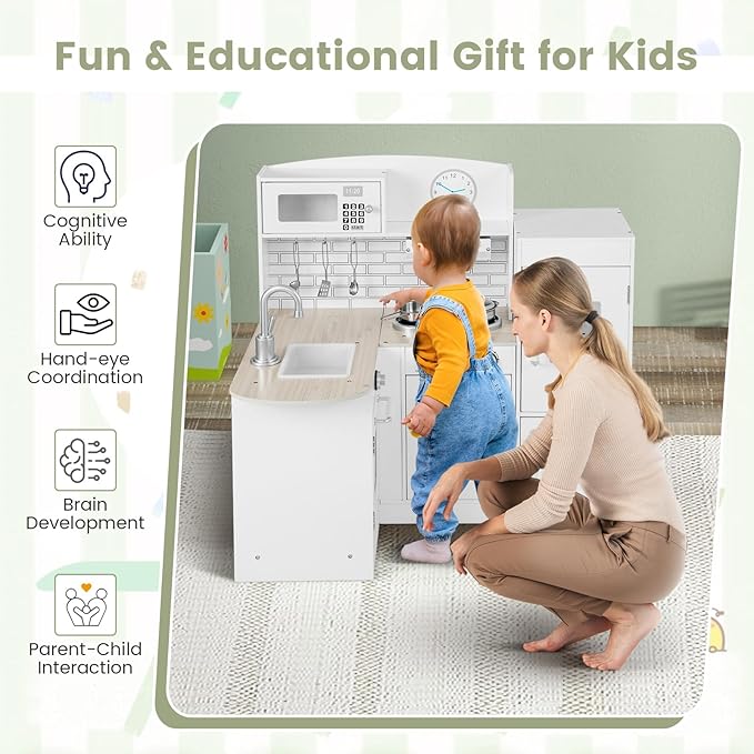 Costzon Corner Kids Kitchen Playset, 8-in-1 Wooden Toy Kitchen Set with Realistic Microwave, Oven, Stove, Refrigerator, Range Hood, Pretend Play Kitchen for Toddlers Boys Girls