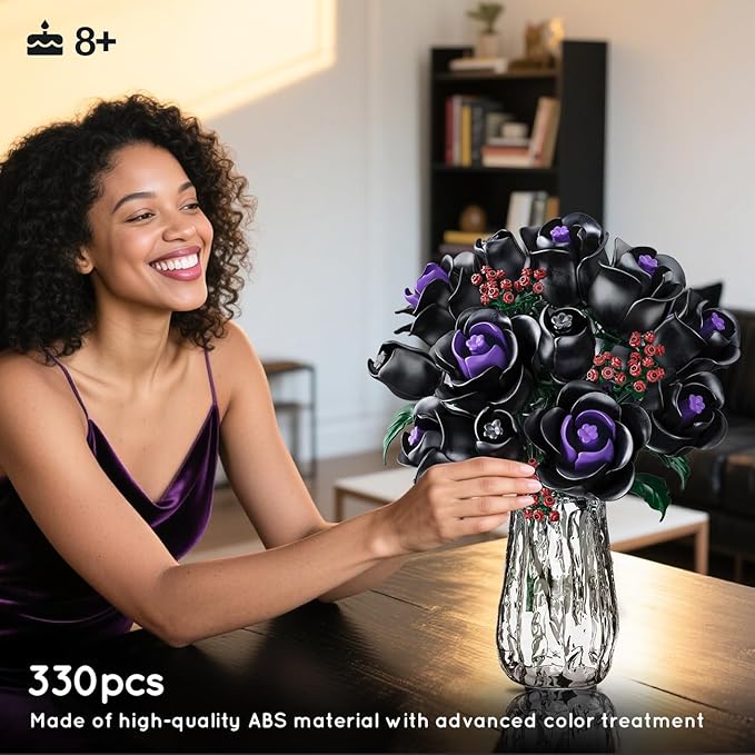 HOGOKIDS Flowers Bouquet Building Set - 15 Halloween Black Roses Botanical Collection Building Blocks Artificial Flower 330PCS Gothic Home Decor Christmas Birthday Gift for Adults Kids Girls Age 8+