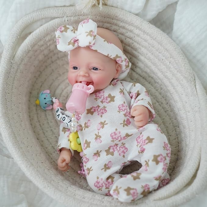 7" Reborn Baby Dolls Girl, Full Silicone Baby Dolls, Realistic Soft Silicone Newborn Baby Doll, Real Life Tiny Baby Doll with Feeding Accessories&Gift Box