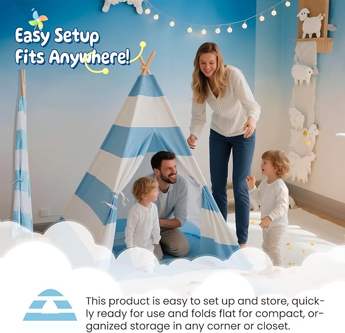 Teepee Tent for Kids with Padded Mat, Lights, and Carry Bag, Washable Playhouse for Indoor Use, Ideal Play Tent for Girls and Boys,Stripe Blue