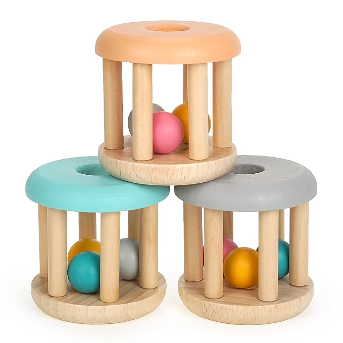 DUCKBOXX XX Montessori Infant Educational Toys, Natural Wood Rolling Rattle Toy, Early Learning Toy for Developing Fine Motor Skills and Color Recognition, for Ages 0m–2yrs (Burlywood Base - 3pcs)