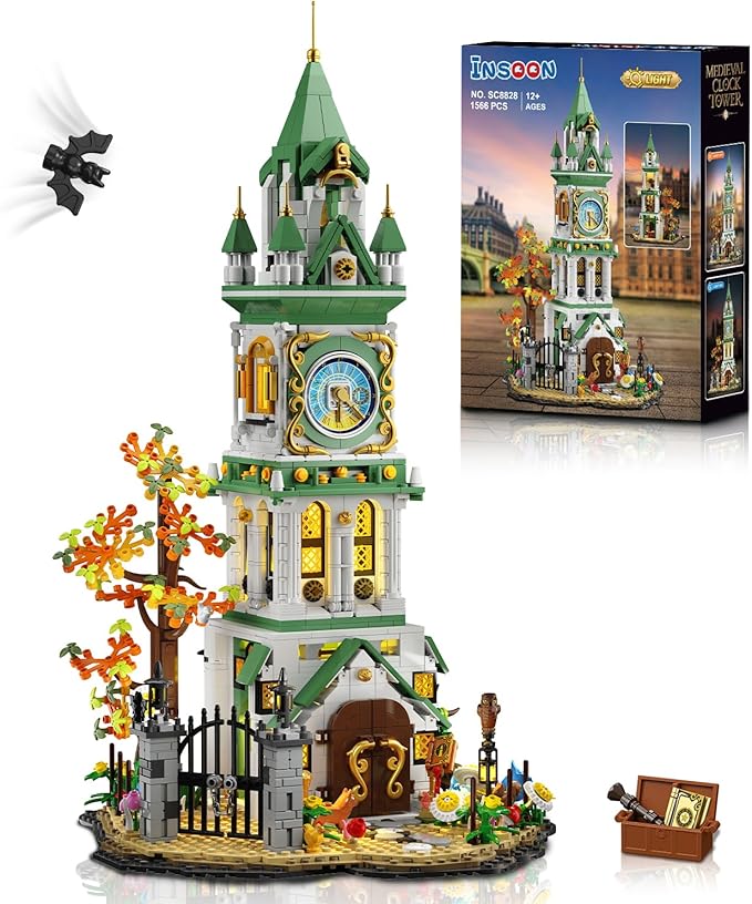 Magic Clock Tower Building Set with Light, 1566 PCS Big Medieval Castle House Construction Model with Owl & Garden, Home Decor Building Block Kit, for Adults Teens Boys Girls 12+