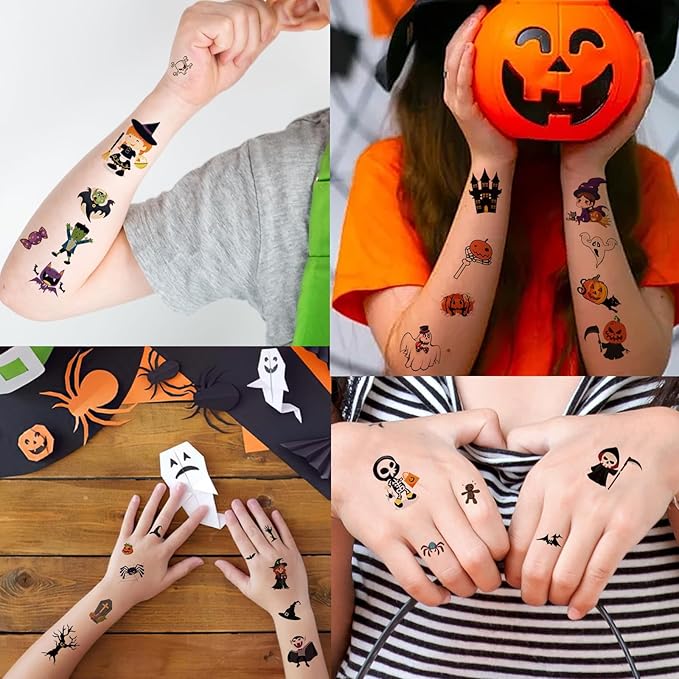 380+ PCS Halloween Temporary Tattoos for Kids, 30 Sheets Creative Design Halloween Tattoos for kids Halloween Party Decorations, Pumpkin Tattoo Stickers Halloween Gifts for kids for Halloween Makeup