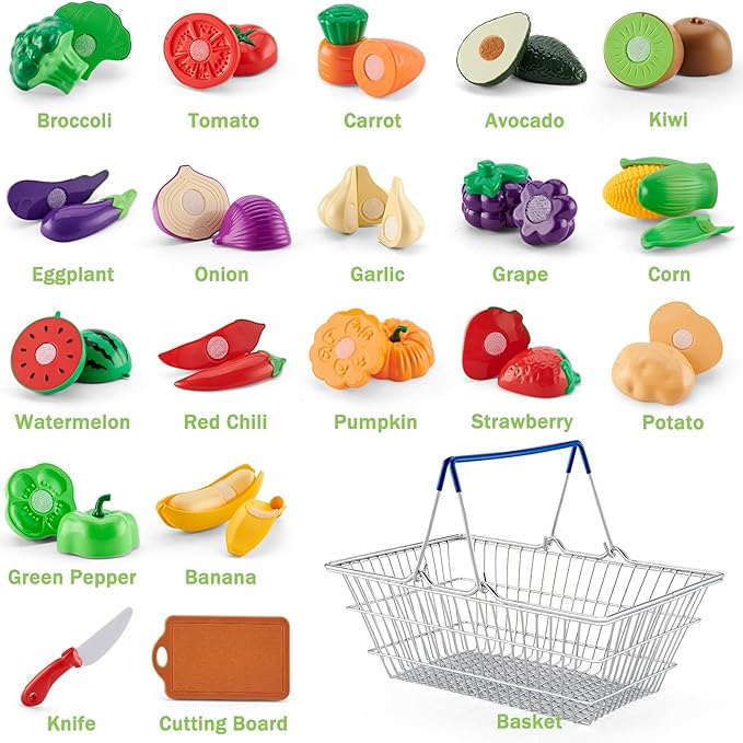 20 Pcs Pretend Play Cutting Food Set Toys for Boys Girls Toddlers Age 3 4 5 Kitchen Set Fruits Vegetable with Stainless Steel Basket