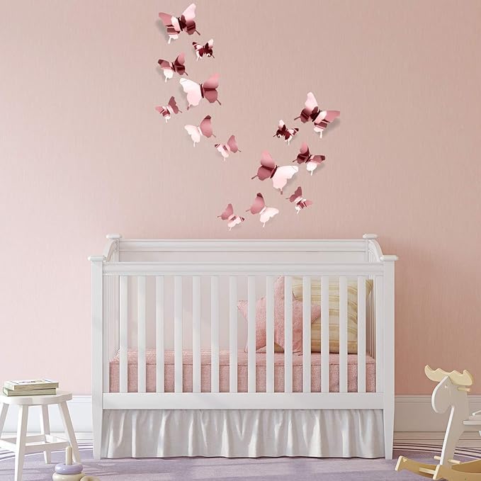 48 Piece DIY Mirror 3D Butterfly Stickers - Removable Decals for Home, Bedroom, Bathroom, Living Room (Rose Gold)
