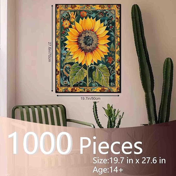 Sunflower Jigsaw Puzzles for Adults 1000 Pieces,Russian Palekh Style Jigsaw Puzzle Colorful DIY Green Plant Puzzles for Home Decoration Gifts, Family Puzzle Perfect for Game Nights