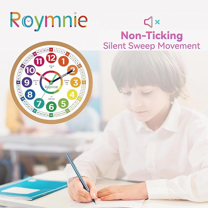Roymnie12 Inch Wall Clock for Kids Learning to Tell Time Easily Analog Non Ticking Battery Operated Kids Teaching Clock Silent Colorful Teaching Time Clock Decorative for Kids Room Classroom School