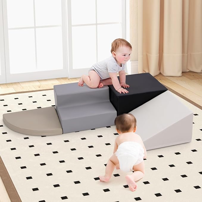 Costzon Climbing Toys for Toddlers, 4 Pieces Climb and Crawl Foam Kids Building Blocks for Children Development & Indoor Active Play, Soft Play Set for Newborn Infant Baby (Black & White & Gray)