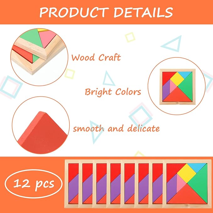 Meooeck 12 Pack Tangrams Wooden Puzzles Tangrams Classroom Set for Kids Shape Puzzles Brain Logic Blocks for Games Educational Gifts for Adults Kids Ages 4-8 8-12(Notch Style)