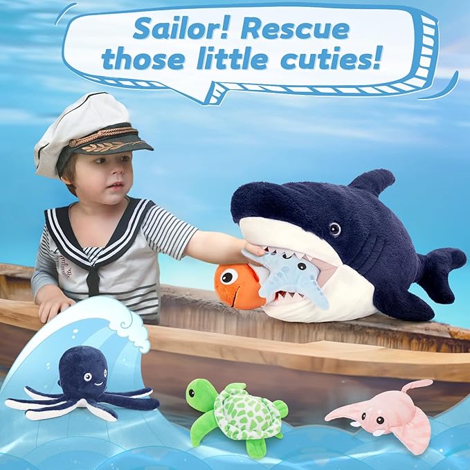 MaoGoLan Soft Shark Stuffed Animals in Bulk Plush Shark Toys with 5 Sea Animals Inside - Octopus Turtle Clown Fish Starfish Stingray, Kids Party Favors Valentine's Day Christmas