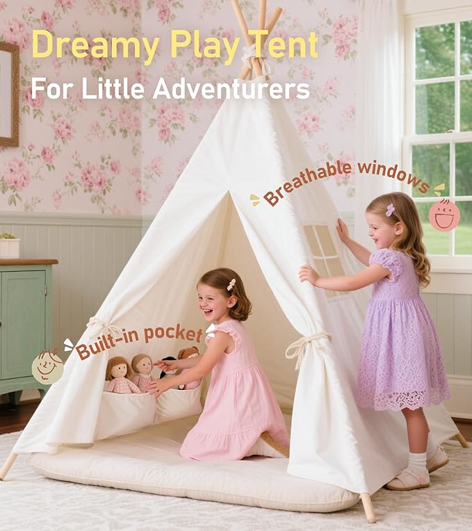 little dove Teepee Tent for Kids Foldable Teepee Play Tent with Carry Case, Banner, Fairy Lights, Olives Branches, Four Poles Style Raw White Color - New Version Tiny House