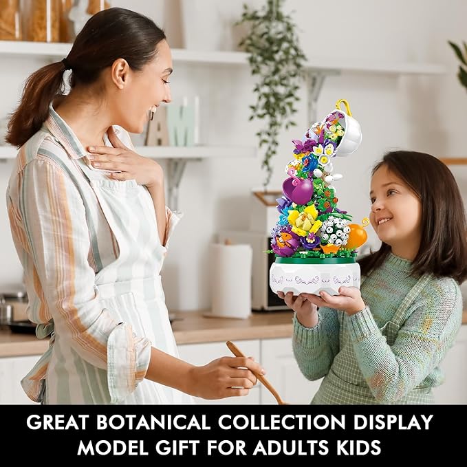 HOGOKIDS Flowers Music Box Building Block Kit with Light- 571PCS Mother's Day Decoration Rotating Music Box Building Blocks Set | Botanical Collection Birthday Gift for Girls Boys Adults Kids Ages 6+