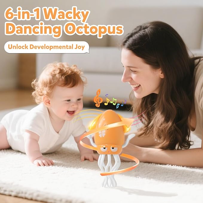 Dancing Octopus Baby Toys, Electric Crawling Squid Infant Tummy Time Toy with Light & Music, Interactive Sensory Toy for Toddlers & Kids (Ages 0-6+), Birthday Gift for 6 12 18 24 36+ Months Boy Girl