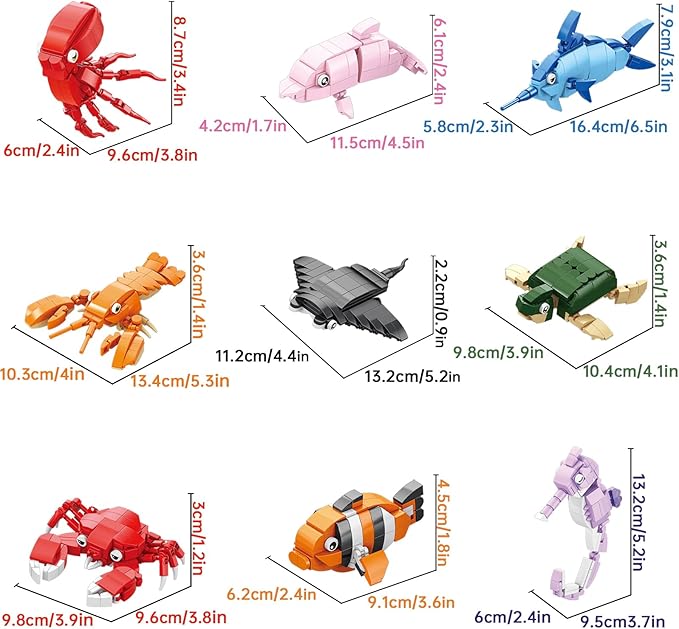 9 Packs Ocean Animals Building Sets,Party Favors for Kids Goodie Bags,Sea Animals Mini Building Blocks for Birthday Party Gift,Goodie Bags, Prize,Cake Topper