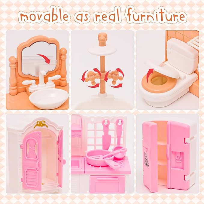 Doll House Mini Furniture 45 Pcs Dollhouse Furniture Set Accessories Pretend Play Bedroom Living Room Bathroom Kitchen for Kids Birthday and Christmas Mixed Color