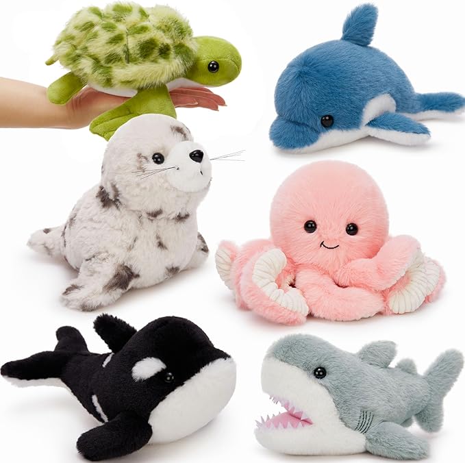 MaoGoLan 6Pcs Sea Animal Plush Toys Ocean Stuffed Animals for Kids, Large Bulk Party Favors with 10'' Plush Whale Shark Turtle Seal Orca Octopus, Classroom Decorations Christmas Valentine's Day Gifts
