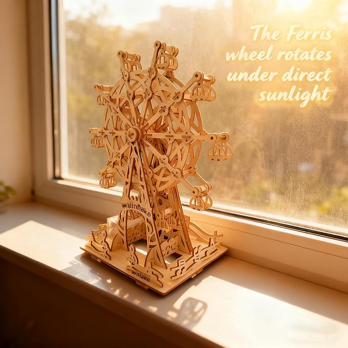 Solar 3D Wooden Puzzle Ferris Wheel DIY Model Kit Craft Sets Wood Mechanical Building Toys for Adult Men Age 14+ Years Old.