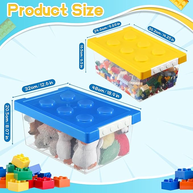 Vicenpal 4 Pack Toy Storage Containers with Lids Brick Shaped Kids Toy Organizer Box Plastic Clear Stackable Bin Chest for Building Block Dolls(Large, X-Large,Red, Yellow, Blue, Green)