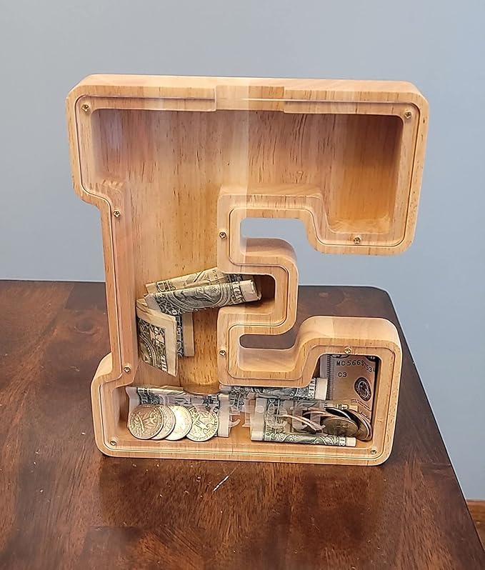 SummiDate Wooden Letter Piggy Bank for Kids| Piggy Bank for Boys Girls Toddler| Alphabet E Money Bank| Wood Coin Bank Personalized Birthday Easter Gift for Kids (E)