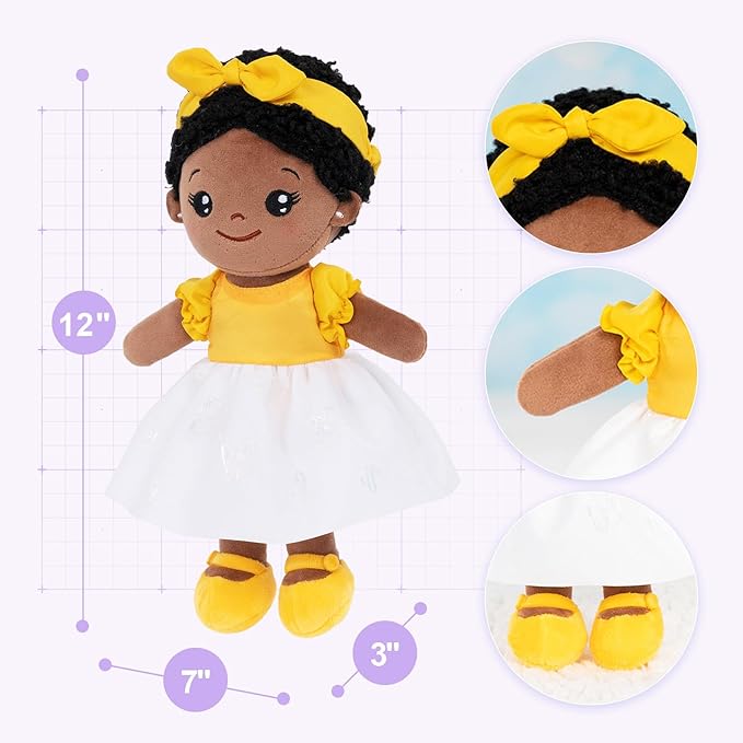 OUOZZZ 12" Soft Black Baby Doll Toys for 1 + Year Old Girl Gifts, African American Baby Dolls Birthday Gifts for 1 Year Old Girl Christmas Plush Toys Gift for Toddler Kids Yellow Bow-tie