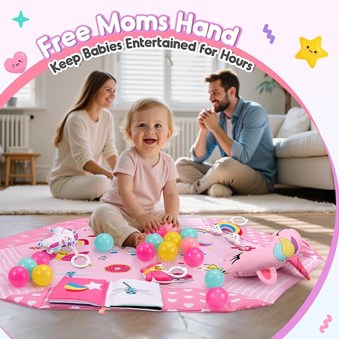 Unicorn Baby Gym Play Mat, 9-in-1 Tummy Time Mat with 7 Baby Toys, Washable Baby Activity Mat for Visual, Sensory, Motor Development, Newborn Baby Toys Gift for Toddler 0-3-4-6-9-12 Months