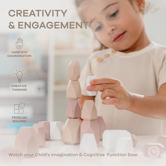Comfy Cubs Stacking Rocks 36 Pieces, 36 Months+, Educational Toddler Stacking Blocks, Promotes Imagination, Balance & Fine Motor Skills - Wooden Rocks Sensory Toys Gift for Kid, Girl Pack