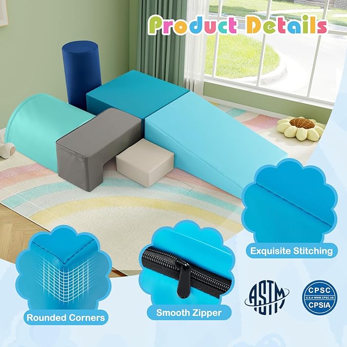 HONEY JOY 6-Piece Climb and Crawl Playset, Soft Climbing Foam Block Activity Play Structure Gym Equipment for Infant Baby, Color Coordination, Waterproof Indoor Climbing Toys for Toddlers (Blue)